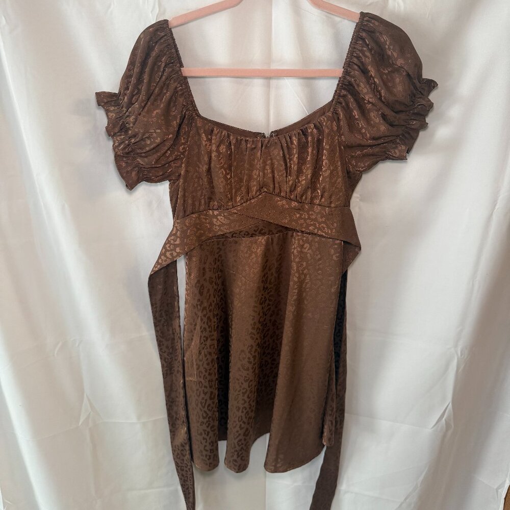 Mi Ami Brown Puff Sleeve Tie Waist Dress